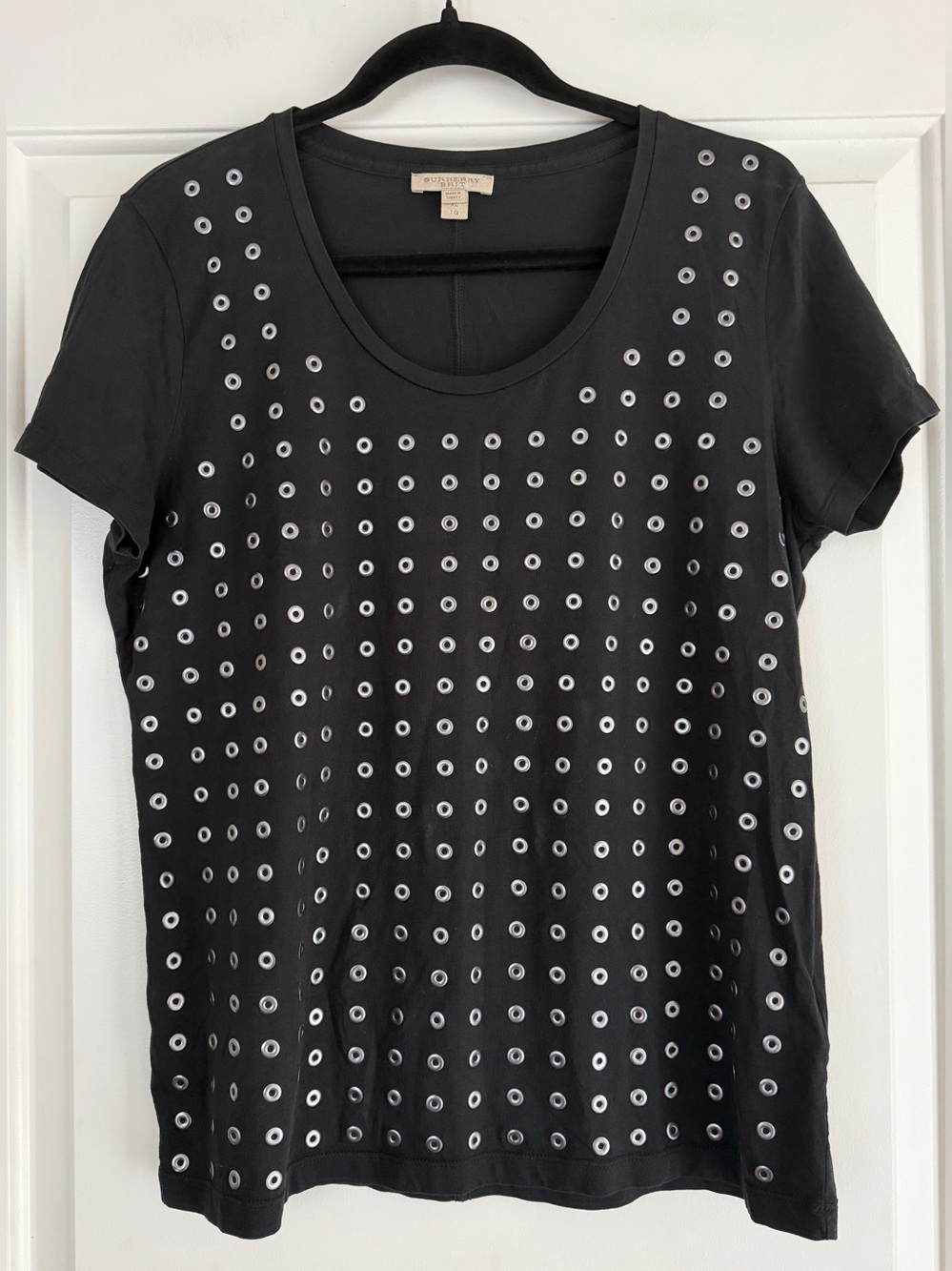 Burberry Brit Black Jersey Grommet Eyelet Embellished Short-Sleeve Top